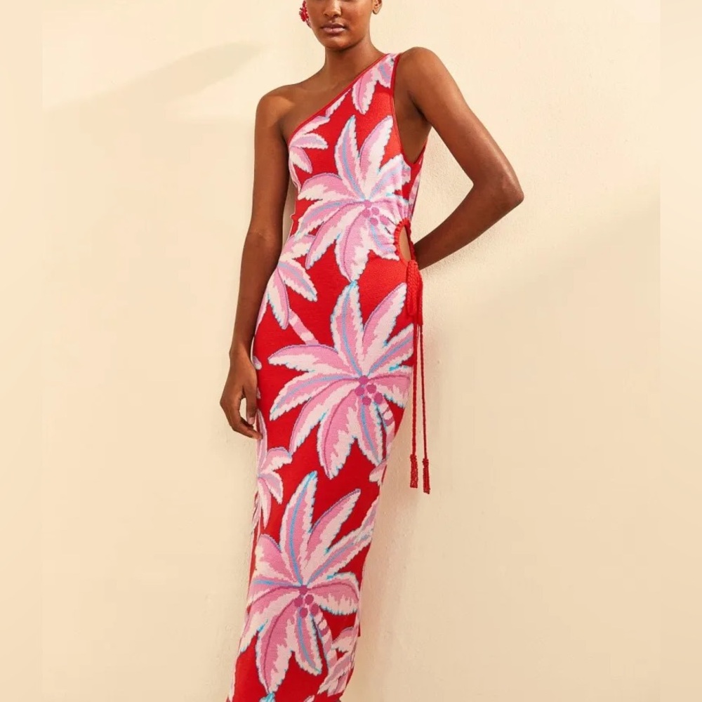 FARM Rio Red and Pink One-Shoulder Midi Knit Dress